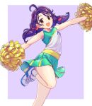  1girl :d ahoge bare_arms border bow brown_eyes cheerleader green_skirt grey_background hair_bow hair_ornament highres leg_up long_hair looking_at_viewer low_twintails miniskirt open_mouth outside_border pleated_skirt pom_pom_(cheerleading) precure purple_hair red_bow shiny shiny_hair shirt shoes shrimp1634 skirt sleeveless sleeveless_shirt smile sneakers socks solo standing standing_on_one_leg suzumura_sango sweatdrop tropical-rouge!_precure twintails white_border white_footwear white_socks x_hair_ornament 