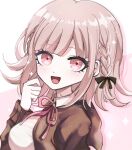  1girl :d artist_name bangs blush bow braid brown_jacket danganronpa_(series) danganronpa_2:_goodbye_despair green_bow grey_background hair_bow hand_up hood hood_down jacket light_brown_hair long_sleeves medium_hair mikao_(eanv5385) nanami_chiaki neck_ribbon open_clothes open_jacket pink_eyes pink_ribbon portrait ribbon shiny shiny_hair shirt simple_background smile solo white_shirt 