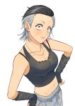  1girl black_hair black_tank_top bonggi_jojo bra_strap breasts cleavage diamond_wa_kudakenai facial_mark fingerless_gloves from_above genderswap genderswap_(mtf) gloves grey_hair hair_slicked_back hands_on_hips head_tilt highres jewelry jojo_no_kimyou_na_bouken medium_breasts midriff navel necklace nijimura_okuyasu pants short_hair solo sweatpants tank_top 