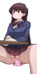  1girl anal anal_object_insertion anus bangs black_eyes blue_jacket breasts brown_hair desk diagonal-striped_bowtie dildo dildo_riding female_masturbation invisible_chair jacket komi-san_wa_komyushou_desu komi_shouko long_hair masturbation medium_breasts mike_inel miniskirt no_panties object_insertion pussy pussy_juice school_uniform sex_toy sitting skirt solo spread_legs striped striped_skirt transparent_background trembling 