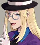  1boy :d akasata ascot avery_(pokemon) black_ascot black_headwear blonde_hair blue_eyes collared_shirt commentary_request glasses gloves grey_background hand_up hat index_finger_raised long_hair male_focus open_mouth pokemon pokemon_(game) pokemon_swsh purple_shirt round_eyewear shirt smile solo teeth tongue top_hat white_gloves 