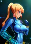  1girl artist_name bangs blonde_hair blue_bodysuit blue_eyes blush bodysuit bracelet breasts chinchongcha closed_mouth covered_collarbone covered_navel covered_nipples eyelashes glint gradient gradient_background hair_between_eyes hand_up high_ponytail highres jewelry large_breasts light_purple_hair long_hair metroid ponytail profile samus_aran sidelocks signature smile solo upper_body v-shaped_eyebrows watermark zero_suit 