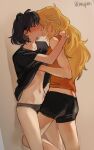  2girls animal_ears black_hair black_shirt blake_belladonna blonde_hair blush closed_eyes commentary_request hand_under_clothes hand_under_shirt highres leg_between_thighs long_hair multiple_girls naizo_(kimosugimasu) navel parted_lips rwby shirt short_hair stomach yang_xiao_long yuri 