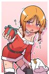  1girl bangs bare_shoulders belt black_belt black_choker black_thighhighs blush bob_cut breath choker christmas commentary cowboy_shot dress frown gift giving gundam gundam_zz half-closed_eyes hand_on_own_knee highres holding holding_gift leaning_forward long_sleeves looking_at_viewer microdress motion_lines off-shoulder_dress off_shoulder onimaru_(onimal7802) open_mouth orange_hair outline purple_eyes puru_two red_dress sack santa_dress short_hair solo standing sweat thighhighs translated water_drop white_outline 