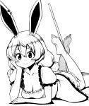  1girl absurdres animal_ears bangs barefoot bloomers breasts cleavage closed_mouth dress earclip feet greyscale hand_on_hip hand_on_own_face highres himajin_noizu kine legs_up looking_at_viewer low_twintails lying mallet medium_breasts medium_hair monochrome on_stomach rabbit_ears rabbit_girl seiran_(touhou) simple_background smile solo touhou twintails underwear 