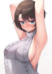  1girl absurdres alternate_costume armpits arms_up blue_eyes breasts brown_hair cleavage dated gradient gradient_background grey_background grey_sweater hashira_14 highres hololive large_breasts looking_at_viewer meme_attire oozora_subaru see-through_silhouette short_hair sideboob signature solo sweater turtleneck turtleneck_sweater upper_body virgin_killer_sweater virtual_youtuber white_background 
