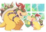  2boys ^_^ armlet bandana blush bowser bowser_jr. bracelet claws closed_eyes collar day fang father&#039;s_day father_and_son full_body gift holding holding_gift horns hoshikuzu_pan jewelry looking_at_another male_focus mario_(series) multiple_boys no_humans open_mouth profile red_hair ribbon sharp_teeth shell smile spiked_armlet spiked_bracelet spiked_collar spiked_shell spiked_tail spikes standing tail teeth tree turtle_shell v-shaped_eyebrows white_background white_bandana window yellow_ribbon 