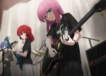  3girls amplifier bangs bass_guitar black_shirt black_skirt black_wristband blue_eyes blue_hair blurry blush bocchi_the_rock! bottle closed_mouth commentary cowboy_shot depth_of_field electric_guitar fender_precision_bass gibson_les_paul gotou_hitori guitar hair_between_eyes hair_over_one_eye highres holding holding_bottle holding_instrument holding_plectrum instrument kita_ikuyo long_bangs long_hair looking_at_another looking_at_object microphone microphone_stand multiple_girls music nekoreito one_side_up pink_hair playing_instrument pleated_skirt plectrum red_hair shirt short_hair short_sleeves skirt smile sweat t-shirt white_skirt wristband yamada_ryou yellow_eyes 
