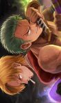  2boys beard blonde_hair cigarette dual_wielding facial_hair green_hair highres holding holding_sword holding_weapon jacket male_focus multiple_boys oekakiboya one_piece portrait red_jacket roronoa_zoro sanji_(one_piece) short_hair smoke smoking sword veins weapon 