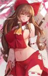  1girl :q absurdres areola_slip ascot bow breast_curtain breasts brown_hair cherry_blossoms detached_sleeves frilled_bow frills gohei hair_bow hair_tubes hakurei_reimu highres kakuseikakusei large_breasts long_hair looking_at_viewer navel red_bow red_skirt sideboob skirt solo stomach thighhighs tongue tongue_out touhou very_long_hair 