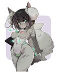 1girl absurdres animal_ear_fluff animal_ears black_hair body_fur breasts commentary english_commentary furry furry_female green_eyes grey_fur hand_on_hip highres medium_breasts navel nipples original parted_lips short_hair slugbox smile solo tail thick_eyebrows topless 
