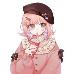  1girl alternate_costume bangs beret chakisine chinese_commentary commentary_request cup danganronpa_(series) danganronpa_2:_goodbye_despair drinking drinking_straw drinking_straw_in_mouth earrings frills galaga hair_ornament hat hat_pin heart_stickers holding holding_cup jewelry long_sleeves looking_at_viewer medium_hair nanami_chiaki pink_eyes pink_hair pink_sweater pom_pom_(clothes) pom_pom_earrings safety_pin simple_background solo spaceship_hat_ornament star_sticker sticker_on_face sweater turtleneck upper_body white_background x_hair_ornament 