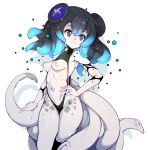  1girl :3 absurdres black_hair blue_eyes blue_hair breasts closed_mouth hand_on_hip highres inverted_nipples looking_to_the_side monster_girl multicolored_hair navel original simple_background slugbox small_breasts smile solo tentacle_hair tentacles two-tone_hair white_background 