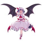  1girl ascot bat_wings bow cibo_(killy) full_body hat hat_bow highres looking_at_viewer mob_cap open_mouth purple_hair red_ascot red_bow red_eyes remilia_scarlet sash shirt shoes short_sleeves simple_background skirt skirt_hold slit_pupils solo touhou waist_bow white_background white_headwear white_shirt white_skirt wings wrist_cuffs 