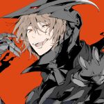  1boy absurdres akechi_gorou brown_hair chiru_illust clawed_gauntlets crazy_eyes highres open_mouth persona persona_5 red_background red_eyes smile tongue tongue_out 