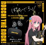  1girl ad black_shirt bocchi_the_rock! commentary_request cube_hair_ornament earphones electric_guitar gibson_les_paul gotou_hitori guitar hair_between_eyes hair_ornament highres holding holding_instrument instrument kerorira light_blush logo long_hair official_art pink_hair shirt solo stitched sweatdrop t-shirt wireless_earphones 