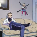  2boys aged_down arven_(pokemon) beard bodysuit brown_eyes brown_hair child closed_mouth coat couch crossed_legs duct_tape facial_hair father_and_son highres indoors kid_taped_to_wall_(meme) long_sleeves male_child male_focus meme multiple_boys open_clothes open_coat pantyhose pkmnrkgk pokemon pokemon_(game) pokemon_sv shirt short_hair shorts sitting tape turo_(pokemon) undercut white_coat 