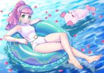  1girl aqua_eyes bangs bare_arms bare_legs barefoot blue_hairband bracelet breasts casual_one-piece_swimsuit closed_mouth crossed_legs earrings feet full_body hairband high_ponytail highres innertube jewelry kururun_(precure) laura_la_mer long_hair looking_at_viewer one-piece_swimsuit petals pink_hair precure shell shell_earrings shiny shiny_hair shiny_skin shrimp1634 small_breasts smile solo swimsuit tropical-rouge!_precure white_one-piece_swimsuit 