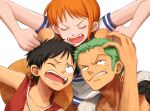  1girl 2boys arm_up black_hair brown_hair clenched_teeth closed_eyes fangs green_hair hat hat_on_back highres monkey_d._luffy multiple_boys nami_(one_piece) oekakiboya one_eye_closed one_piece open_mouth roronoa_zoro shirt short_hair short_sleeves simple_background straw_hat sun_hat teeth white_background white_shirt 