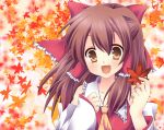  1girl autumn brown_eyes brown_hair collarbone commentary detached_sleeves duplicate hair_ribbon hair_tubes hakurei_reimu happy highres leaf long_hair maple_leaf mashiro_yuki open_mouth pixel-perfect_duplicate ribbon smile solo touhou 