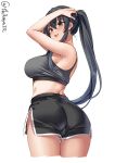  1girl alternate_costume ass black_hair black_shorts blush breasts brown_eyes cowboy_shot cropped_legs ebifurya from_behind grey_sports_bra hair_between_eyes highres kantai_collection large_breasts long_hair one-hour_drawing_challenge open_mouth ponytail shorts simple_background smile solo sports_bra twitter_username very_long_hair white_background yahagi_(kancolle) 