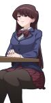  1girl bangs blue_jacket breasts brown_eyes brown_hair desk diagonal-striped_bowtie expressionless frown invisible_chair jacket komi-san_wa_komyushou_desu komi_shouko long_hair medium_breasts mike_inel miniskirt pantyhose school_uniform sitting skirt solo striped striped_skirt transparent_background 