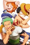  1girl 2boys :d ;d absurdres arm_up bare_arms black_hair black_pants blue_pants brown_eyes green_hair grin hat highres looking_at_viewer miniskirt monkey_d._luffy multiple_boys nami_(one_piece) oekakiboya one_eye_closed one_piece orange_hair pants pencil_skirt red_vest roronoa_zoro shirt short_hair short_sleeves simple_background skirt smile straw_hat sun_hat tongue tongue_out vest w white_background white_shirt yellow_headwear yellow_skirt 