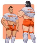  2boys artist_name ass back bara blue_eyes blush brown_hair call_of_duty call_of_duty:_modern_warfare_2 clothes_lift ghost_(modern_warfare_2) hand_on_hip highres hooters kneehighs large_pectorals looking_at_another male_focus mask multiple_boys muscular muscular_male navel orange_shorts oricalcon pectorals shirt shirt_lift short_hair short_shorts shorts skull_mask smile soap_(modern_warfare_2) socks teeth white_shirt 