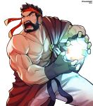  1boy absurdres angry artist_name bare_shoulders beard biceps black_gloves black_hair black_ribbon brown_eyes collarbone commentary dated energy energy_ball english_commentary facial_hair fingerless_gloves gloves hadouken hands_up headband highres looking_away male_focus muscular muscular_male open_mouth pants pectorals red_headband ribbon ryu_(ryuwanshoy) ryu_(street_fighter) sash short_hair simple_background single_bare_shoulder solo standing street_fighter street_fighter_6 teeth thick_eyebrows tongue v-shaped_eyebrows white_background white_pants 