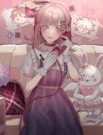  1girl bangs bow closed_mouth collar couch danganronpa_(series) danganronpa_2:_goodbye_despair drawing dress ear_bow earrings flipped_hair frown galaga gloves grey_gloves hair_ornament hands_up heart heart_earrings heart_pillow highres hinata_hajime holding holding_phone indoors jewelry kkochmeli komaeda_nagito layered_skirt looking_at_viewer medium_hair nanami_chiaki phone pillow pink_bow pink_dress pink_eyes pink_skirt puffy_short_sleeves puffy_sleeves red_collar ribbon shiny shiny_hair short_sleeves sitting skirt striped striped_dress usami_(danganronpa) wings 