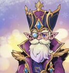  1boy bangs beard black_gloves black_headwear blue_eyes facial_hair gem gloves hand_up hat jacket league_of_legends looking_at_viewer monocle multicolored_background phantom_ix_row pink_jacket pointy_ears shiny shiny_hair snowflakes solo upper_body white_hair winterblessed_zilean yellow_background zilean 