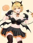  1girl absurdres bare_shoulders blonde_hair breasts claw_pose claws cleavage cosplay crop_top demon demon_girl demon_horns demon_tail demon_wings emyu_b fake_claws fake_horns fang ghost hair_ornament hairband halloween highres hololive horns medium_breasts midriff navel off_shoulder orange_ribbon pumpkin ribbon short_hair skin_fang solo tail thighhighs virtual_youtuber wings yellow_eyes yozora_mel 