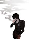  1boy amamiya_ren bag black_hair chinese_commentary cigarette closed_eyes commentary_request glasses highres kishi_(2861056838) male_focus pants partial_commentary persona persona_5 plaid plaid_pants school_bag school_uniform shuujin_academy_school_uniform smoking 