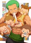  1boy black_pants brown_hair collarbone crop_top green_hair hair_bobbles hair_ornament highres mouth_hold muscular muscular_male oekakiboya one_piece pants roronoa_zoro sheath sheathed short_hair sword two_side_up weapon 