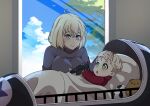  1boy 1girl absurdres ahoge azur_lane ball bataan_(azur_lane) blanket blonde_hair blue_shirt breasts canned_sardines commission cushion english_commentary green_hair grey_hair hand_on_another&#039;s_head highres large_breasts long_sleeves medium_hair mother_and_son red_shirt second-party_source shirt soccer_ball stuffed_toy teeth toy upper_teeth_only 