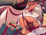  1girl akai_haato aqua_eyes bangs black_thighhighs blonde_hair blurry blurry_background blush breasts candy candy_cane christmas_present commentary_request dress food gift hat highres hololive large_breasts long_hair looking_at_viewer lying magowasabi nail_polish on_side red_dress red_ribbon ribbon santa_costume santa_hat signature smile solo stuffed_animal stuffed_toy thighhighs thighs virtual_youtuber 