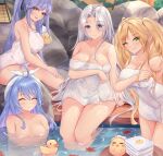  4girls arm_under_breasts autumn_leaves azur_lane bangs bathing blonde_hair blue_eyes blue_hair bow_hairband breasts cleavage closed_eyes closed_mouth english_commentary essex_(azur_lane) facing_viewer green_eyes grin hairband helena_(azur_lane) highres hornet_(azur_lane) kyl490 large_breasts leaf long_hair looking_at_viewer manjuu_(azur_lane) maple_leaf multiple_girls naked_towel nude one_eye_closed onsen parted_bangs partially_submerged ponytail purple_hair rock rubber_duck sitting smile soaking_feet thighs towel twintails water wet white_hair white_hairband white_towel yorktown_(azur_lane) 