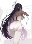  1girl ass back bangs bare_arms black_hair blue_archive blue_ribbon breasts colored_inner_hair dark-skinned_female dark_skin enosan floating_hair from_behind halo highres karin_(blue_archive) large_breasts long_hair looking_back multicolored_hair pants purple_hair ribbon solo standing very_dark_skin very_long_hair white_pants yellow_eyes 