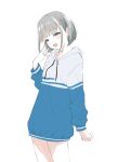  1girl :d absurdres blue_hoodie blush earrings grey_eyes grey_hair highres hood hood_down hoodie idoly_pride jewelry kana_(idoly_pride) looking_at_viewer short_hair simple_background sincos smile solo standing white_background 