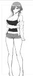  1girl breasts camisole cleavage closed_mouth greyscale hair_bun high_heels huge_breasts jacket looking_at_viewer midriff monochrome navel off_shoulder original pigeon-toed short_shorts shorts sidelocks single_hair_bun solo spaghetti_strap standing zhen_lu 