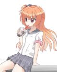  1girl arm_support bangs blue_hairband breasts bubble_tea commentary_request cup drinking_straw drinking_straw_in_mouth eyelashes grey_sailor_collar grey_skirt hair_between_eyes hairband hakutocake highres holding holding_cup inaba_meguru leaning_back long_hair looking_to_the_side miniskirt orange_hair pleated_skirt red_eyes sailor_collar sanoba_witch shirt side_ponytail sidelocks signature simple_background skirt small_breasts solo wavy_hair white_background white_shirt yuzu-soft 