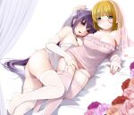  2girls ass blonde_hair breasts cleavage detached_sleeves flower garter_straps green_eyes hug kozue_akari large_breasts long_hair long_sleeves looking_at_viewer lying monocle multiple_girls off-shoulder_shirt off_shoulder on_side panties pink_flower pink_rose pink_shirt pink_thighhighs ponytail purple_hair red_eyes red_flower red_rose rose sen_rikyuu sengoku_otome shirt skindentation smile thighhighs tokugawa_ieyasu_(sengoku_otome) underwear very_long_hair white_panties white_shirt white_thighhighs 