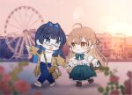  2girls ahoge bag_charm bangs blue_eyes blue_hair blunt_bangs blurry boots brown_coat brown_eyes brown_hair capelet charm_(object) chibi coat denim depth_of_field ferris_wheel flower frilled_skirt frills glasses green_ribbon green_skirt hair_intakes hair_ornament hair_ribbon hairclip high-waist_pants high_heels hime_cut holding_hands hololive hololive_english jeans keyring long_hair long_skirt long_sleeves multicolored_hair multiple_girls nanashi_mumei official_alternate_costume ouro_kronii pants photo_background ribbon shirt short_hair skirt spi streaked_hair very_long_hair virtual_youtuber white_capelet white_shirt 