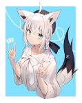  1girl animal_ears aqua_eyes double_fox_shadow_puppet dress fox_ears fox_girl fox_shadow_puppet fox_tail highres hololive long_hair looking_at_viewer ryou_(ponpgo) shirakami_fubuki sleeves_past_elbows smile tail virtual_youtuber white_dress white_hair wide_sleeves 