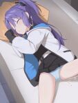  1girl absurdres belt black_gloves blue_archive blue_panties blush closed_eyes clothes_lift commentary couch gloves head_on_pillow highres jacket long_hair lying matanukinuki on_couch on_side one_side_up open_clothes open_jacket panties purple_hair skirt skirt_lift sleep_molestation sleeping solo spread_legs underwear yuuka_(blue_archive) 