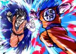  2boys absurdres aura batm_andrew black_hair blue_hair dougi dragon_ball dragon_ball_super duel electricity father_and_son highres kaiouken male_focus multiple_boys signature son_gohan son_goku super_saiyan super_saiyan_blue wristband 