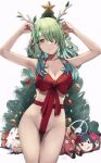  1girl alternate_costume antlers arms_up ass_visible_through_thighs boomei_(nanashi_mumei) bow bra braid braided_bangs breasts ceres_fauna christmas christmas_star christmas_tree cleavage collarbone cowboy_shot dollrys_(irys) earrings flower gift green_hair green_nails hair_flower hair_ornament hair_over_one_eye hakos_baelz halloween_baelz highres hololive hololive_english irys_(hololive) jewelry large_breasts leaf long_hair looking_at_viewer mole mole_under_eye nail_polish naked_ribbon nanashi_mumei ouro_kronii red_bra red_ribbon ribbon sana_worm_(tsukumo_sana) side_braid simple_background smile solo star_(symbol) star_earrings thigh_gap thighs tree tsukumo_sana underwear vicarious virtual_youtuber white_background yellow_eyes yukkronii_(ouro_kronii) 
