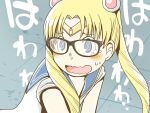  1girl @_@ arai_satoshi bespectacled bishoujo_senshi_sailor_moon blonde_hair blue_eyes commentary_request cosplay diadem glasses meme sailor_moon sailor_moon_(cosplay) sailor_moon_redraw_challenge_(meme) sailor_senshi_uniform solo translation_request twintails wavy_mouth 