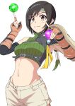  1girl armor balancing_ball ball bangs black_hair blush breasts brown_eyes cowboy_shot crop_top elbow_gloves final_fantasy final_fantasy_vii fingerless_gloves gloves green_shirt grey_shorts headband highres holding holding_ball kazaguruma2600 materia medium_breasts midriff navel orange_gloves pointing ribbon shirt short_hair short_shorts shorts shoulder_armor single_bare_shoulder single_sleeve sleeveless sleeveless_turtleneck sleeveless_turtleneck_crop_top smile solo turtleneck turtleneck_crop_top unbuttoned_shorts white_background yellow_ribbon yuffie_kisaragi 