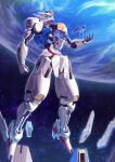  1girl 1other absurdres bit_(gundam) earth_(planet) floating full_body funnels_(gundam) green_eyes gundam gundam_aerial gundam_suisei_no_majo highres ka_ki_o mecha mobile_suit open_cockpit planet robot science_fiction space spacesuit star_(sky) suletta_mercury v-fin zero_gravity 